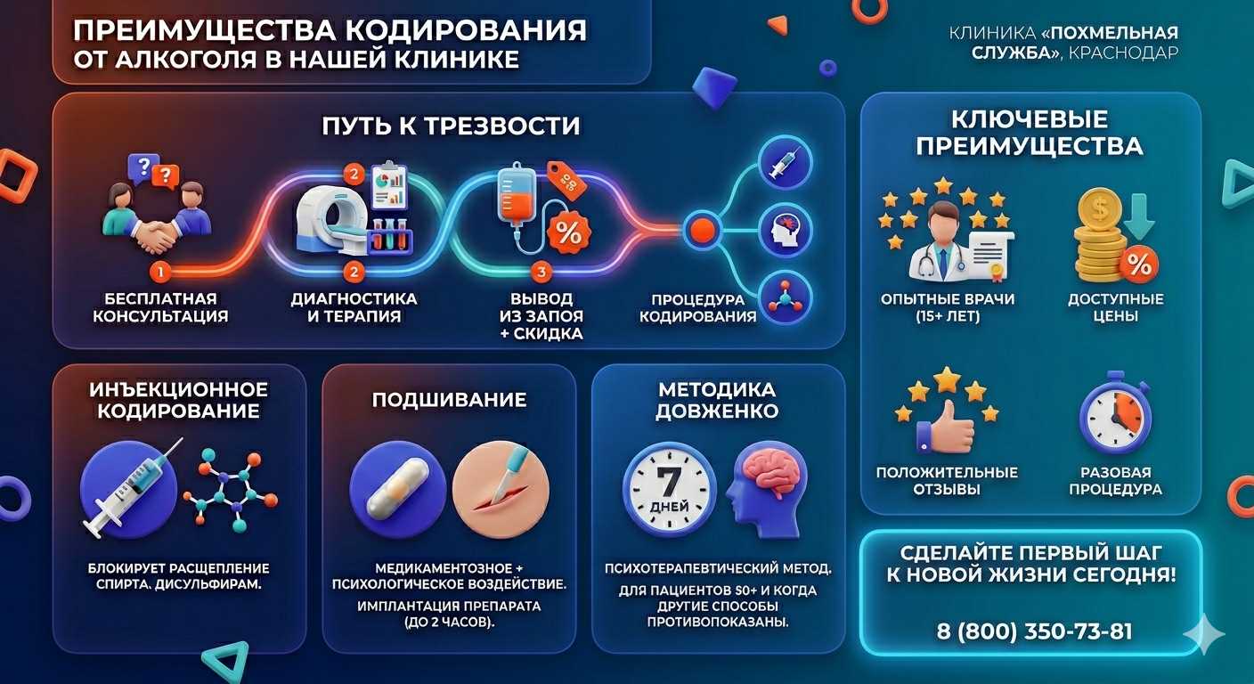 Инфографика о методах кодирования от алкоголя в Курганинске: инъекции, подшивание, метод Довженко. Преимущества клиники и этапы лечения.