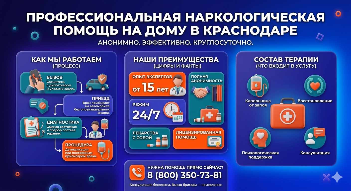 Инфографика о принципах лечения алкоголизма на дому в Курганинске: этапы вызова нарколога, преимущества анонимной детоксикации и состав медицинской помощи.
